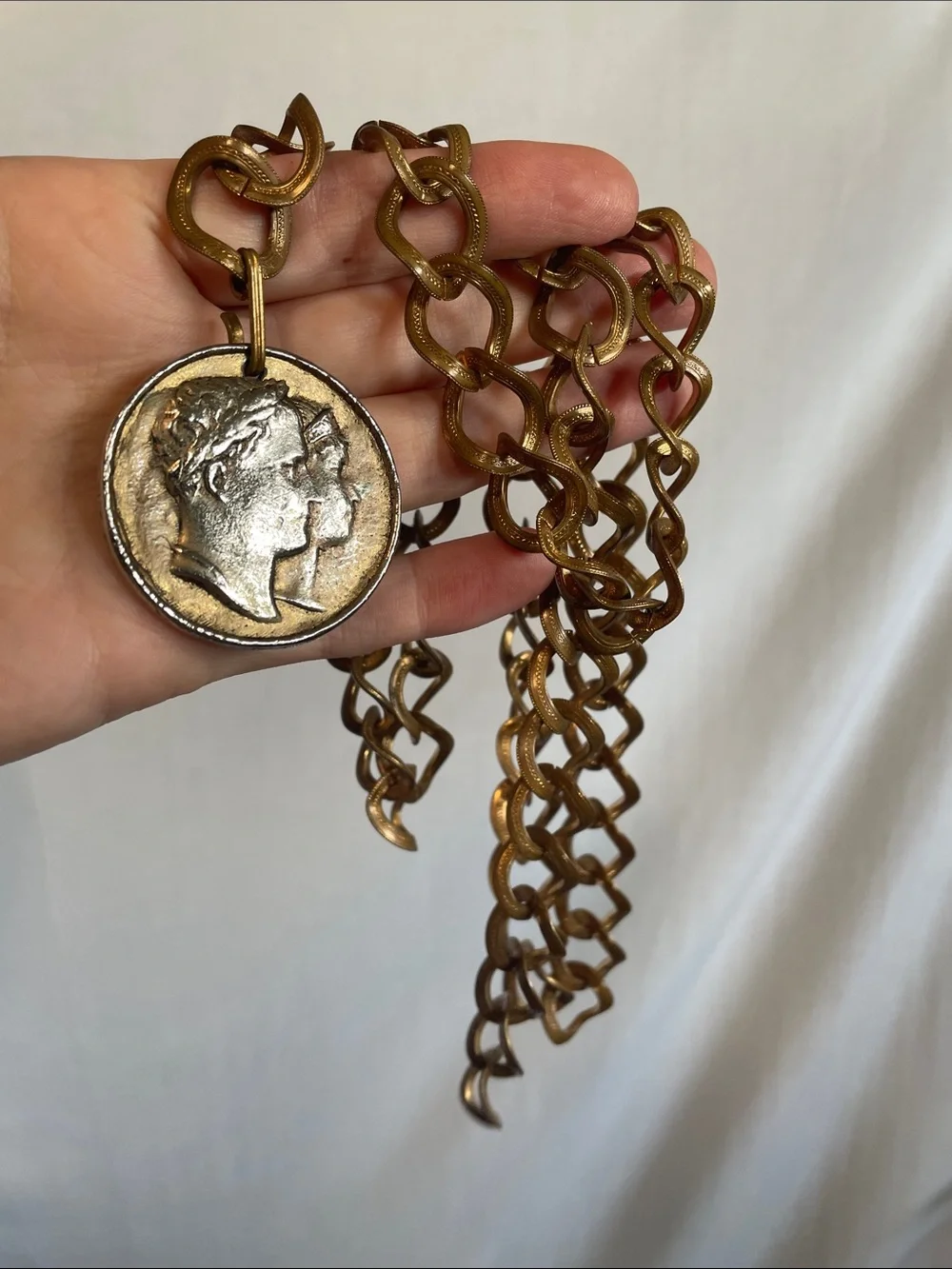 Vintage Antique Coin Pendant Chain Necklace belt in Brass Tone